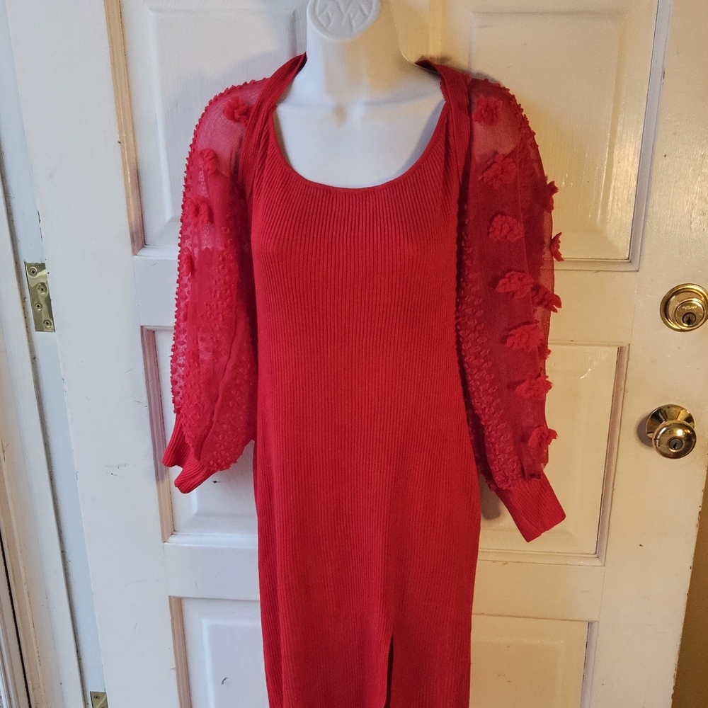 ALMOST FAMOUS Red Ribbed Midi Spring Dress 3D Floral Appliqué Puff Sleeves XL